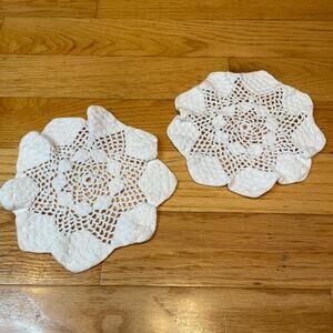 Hand Crochet White Doilies Set of 2 Round Floral Vintage Tabletop Decor Accent